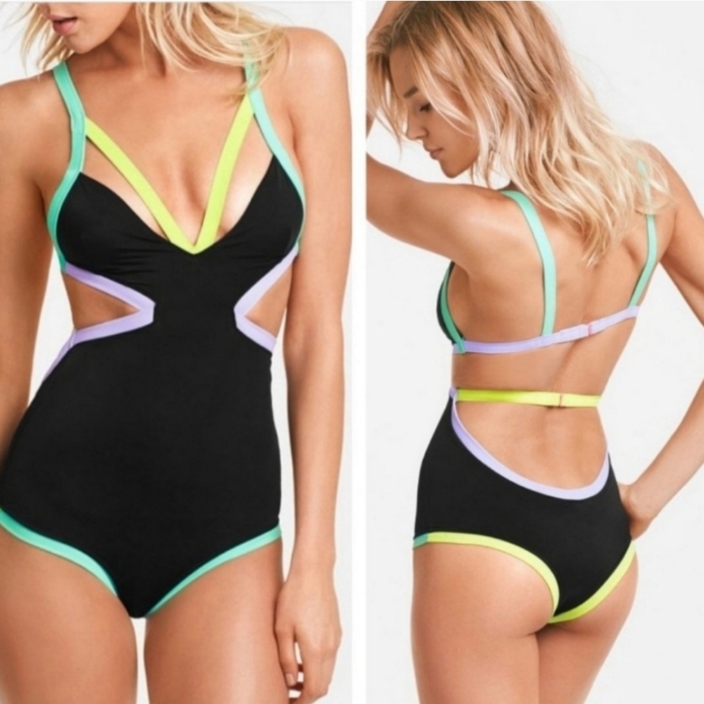 Victoria’s Secret Neon Trim Cutout Monokini Swimsuit – Size Medium - Picture 2 of 9